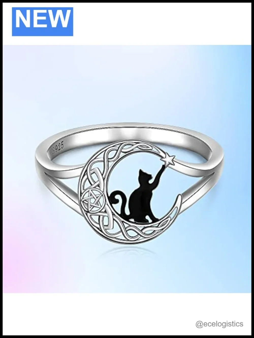 S925 Sterling Silver Cat Moon Ring Thumb Statement Jewelry Gift for Women